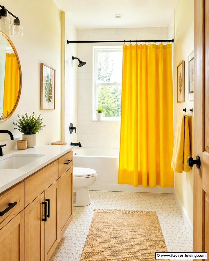 Sunny Yellow Shower Curtains - 30 Cheerful Yellow Bathroom Decor Ideas for 2024