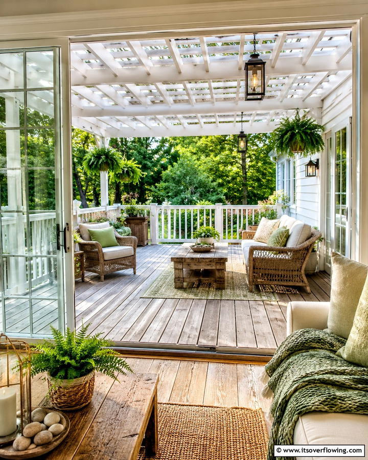 Sunroom with a Pergola Covered Deck - 25 Sunroom and Deck Combo Ideas for Seamless Indoor-Outdoor Living