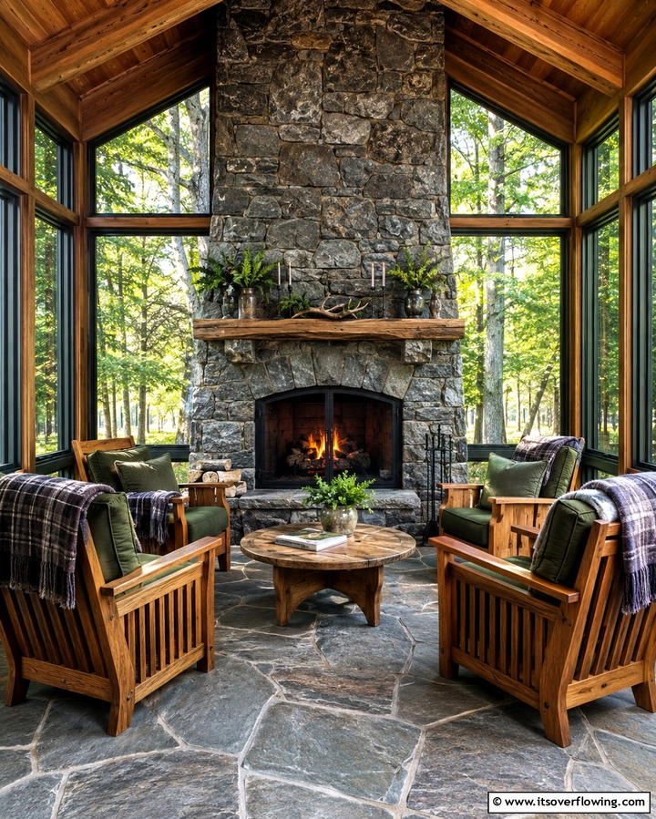 Sunroom with a Rustic Stone Fireplace - 25 Sunroom With Fireplace Ideas for Cozy Gatherings