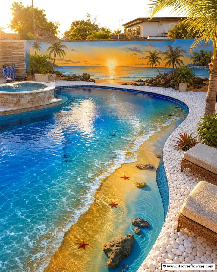 Sunset Beach Serenity - 20 Pool Mural Ideas to Enhance Your Backyard Oasis