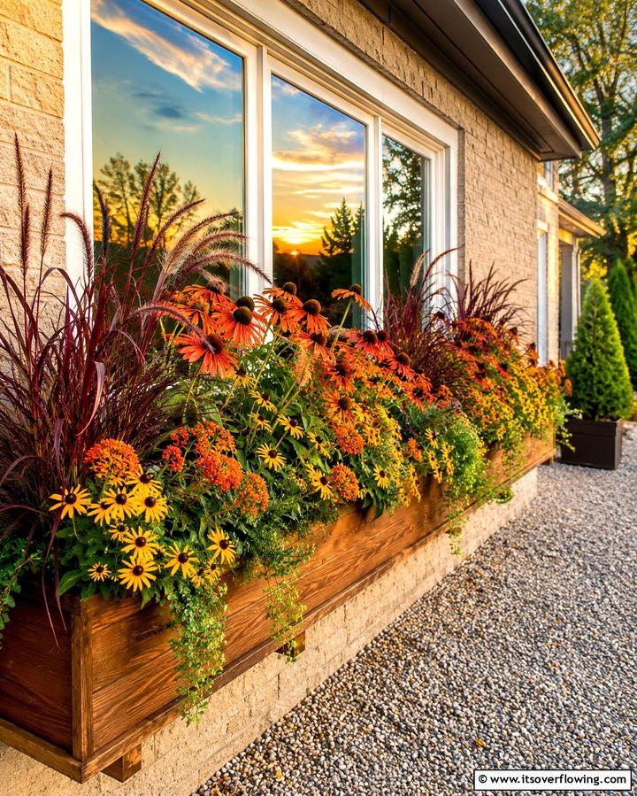 Sunset Harvest Hues - 30 Fall Window Box Ideas for Autumn-Inspired Floral Displays