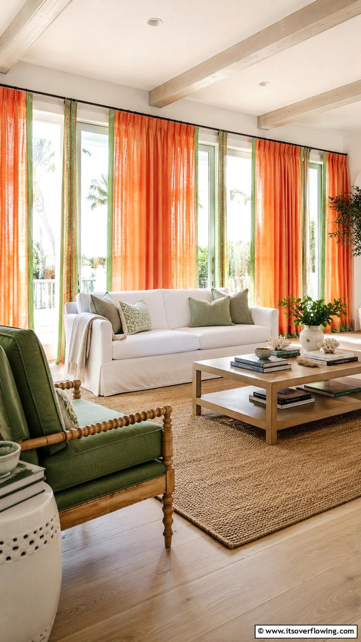 Sunset Hued Orange Curtains with Green Trims - 30 Green and Orange Living Room Ideas for Bold Style