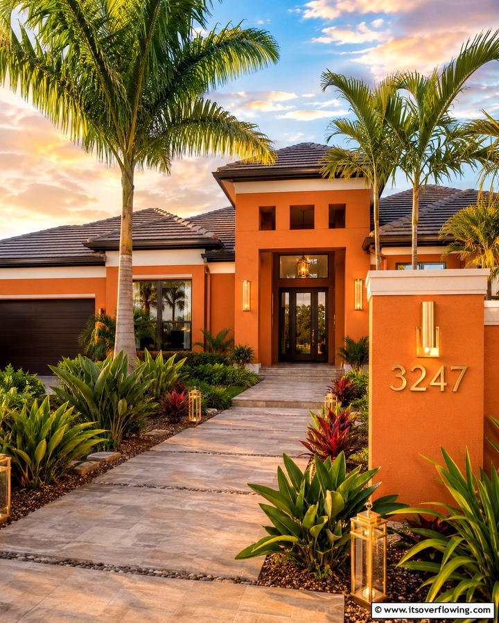 Sunset Orange with Gold Highlights - 25 Orange House Exterior Ideas for a Bold Look