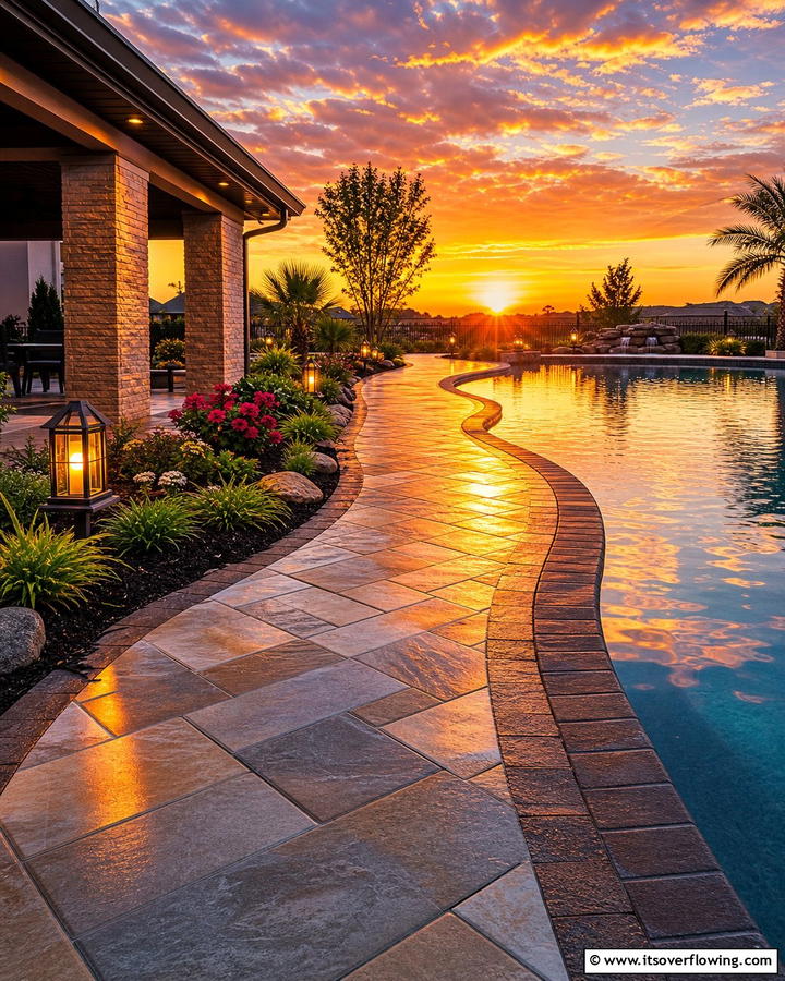 Sunset Reflection Path - 30 Concrete Pavers Around Pool Ideas for Durable Style