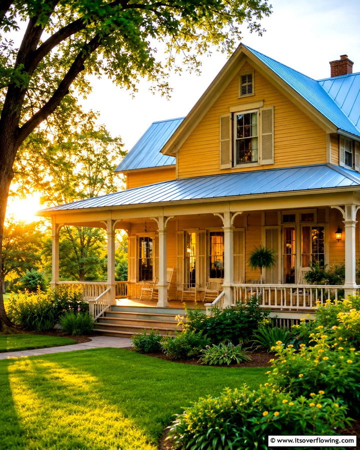 Sunshine Yellow with Blue Shutters - 25 Yellow Exterior Home Ideas for a Bright Look
