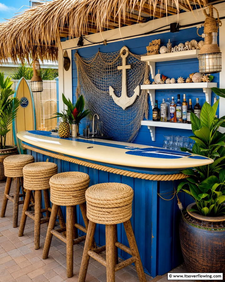 Surfboard Bar Counter for Coastal Appeal - 20 Tiki Bar Ideas for a Tropical Backyard Oasis