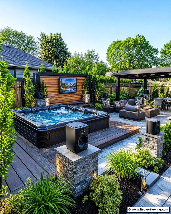 Surround Sound System - 20 Hot Tub Landscaping Ideas for a Relaxing Retreat