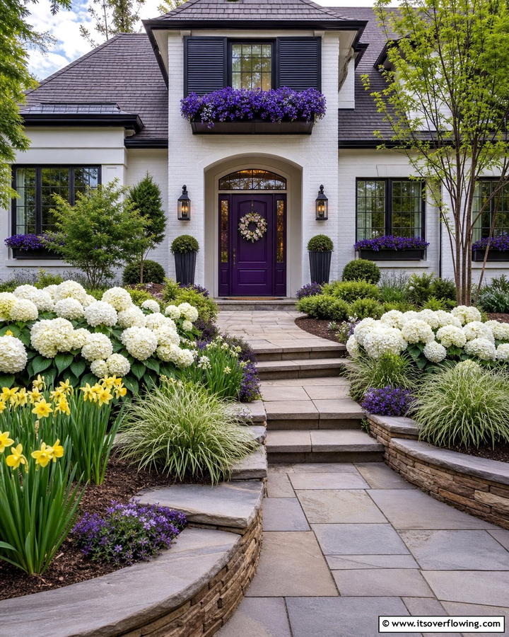 Surrounding Landscaping for Cohesion - 20 Dark Purple Front Door Ideas for a Bold Entrance