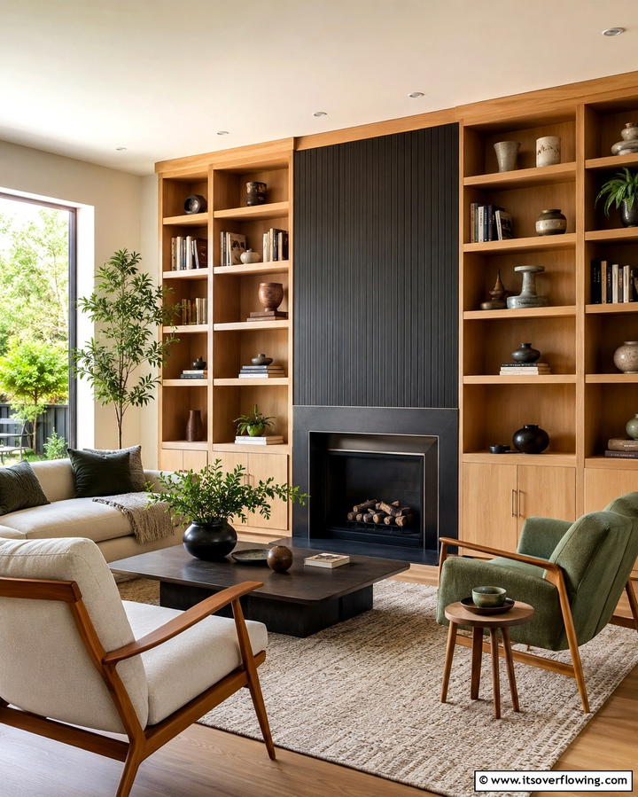 Surrounding Shelves for Added Functionality - 25 Off-center Fireplace Ideas for a Unique and Modern Living Room