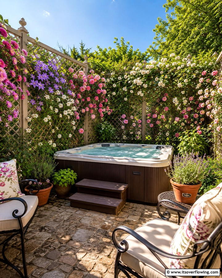 Surrounding the Hot Tub with Trellis Panels - 25 Backyard Hot Tub Privacy Ideas for Relaxing Spaces