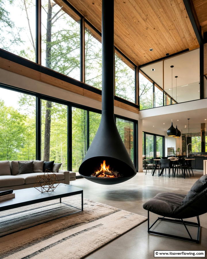 Suspended Fireplace for a Contemporary Look - 25 Cozy Cabin Fireplace Ideas for a Warm Retreat