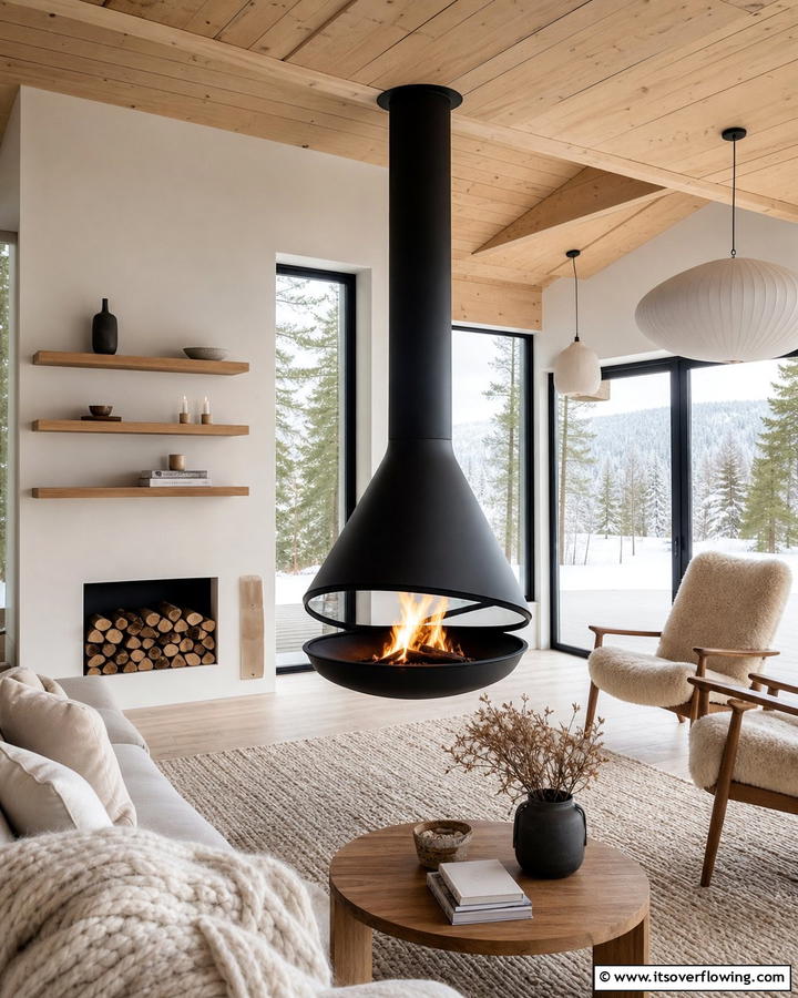 Suspended Fireplace with a Modern Twist - 20 Scandinavian Fireplace Ideas for Cozy Homes