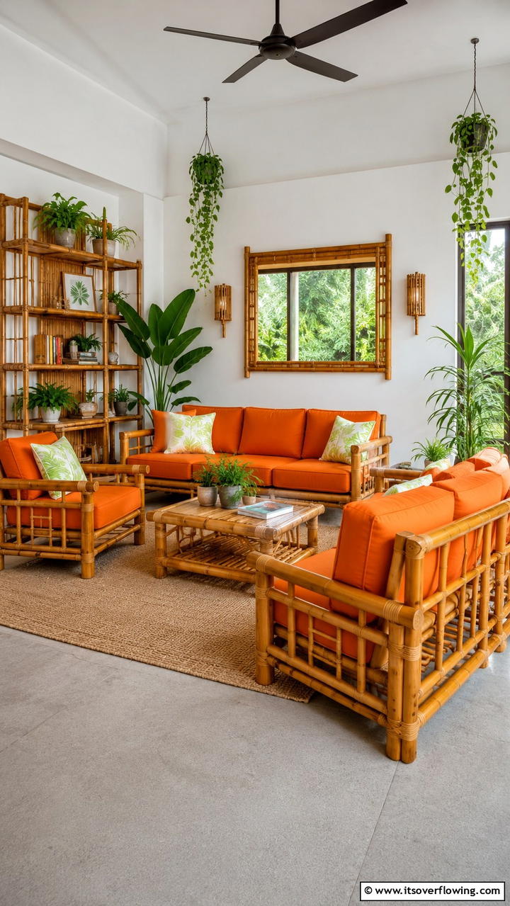Sustainable Green Bamboo with Orange Upholstery - 30 Green and Orange Living Room Ideas for Bold Style