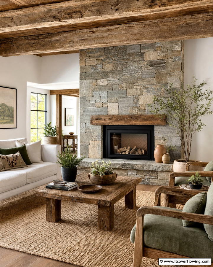 Sustainable Reclaimed Beauty - 21 Rustic Stone Fireplace Designs for Cozy Living Rooms