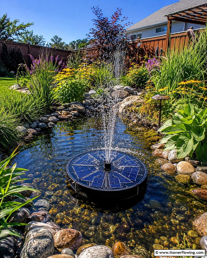 Sustainable Solar Fountain Pond - 30 Backyard Pond Ideas for Serene Water Features