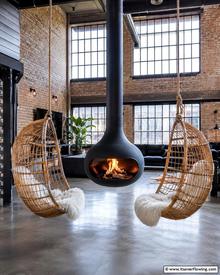 Swing Chairs by the Fire - 25 Fireplace Seating Ideas to Cozy Up Your Living Room