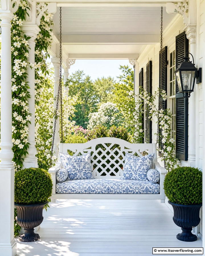 Swing with Decorative Backrests - 20 Front Porch Swing Ideas for a Cozy and Inviting Entrance