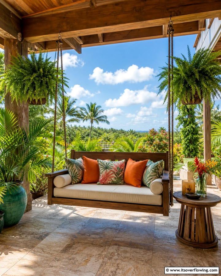 Swinging Bench for Relaxation - 20 Lanai Porch Ideas- Tropical Outdoor Living