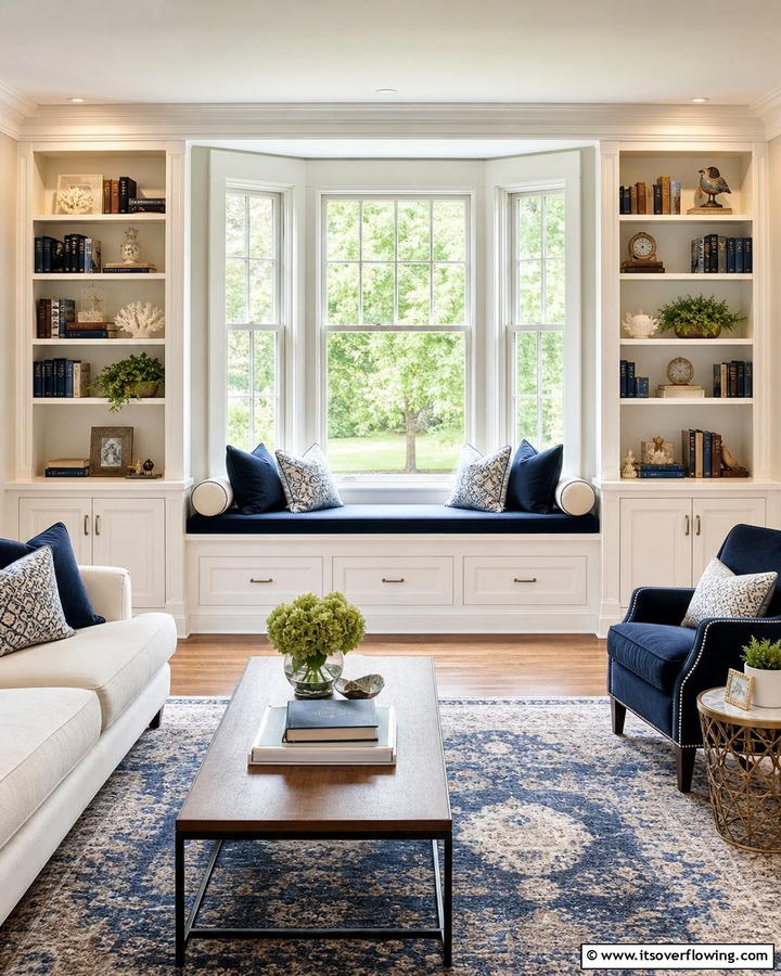 Symmetrical Bookcases Flanking a Bay Window - 20 Bookcases Around Window Design Ideas- Functional Decor