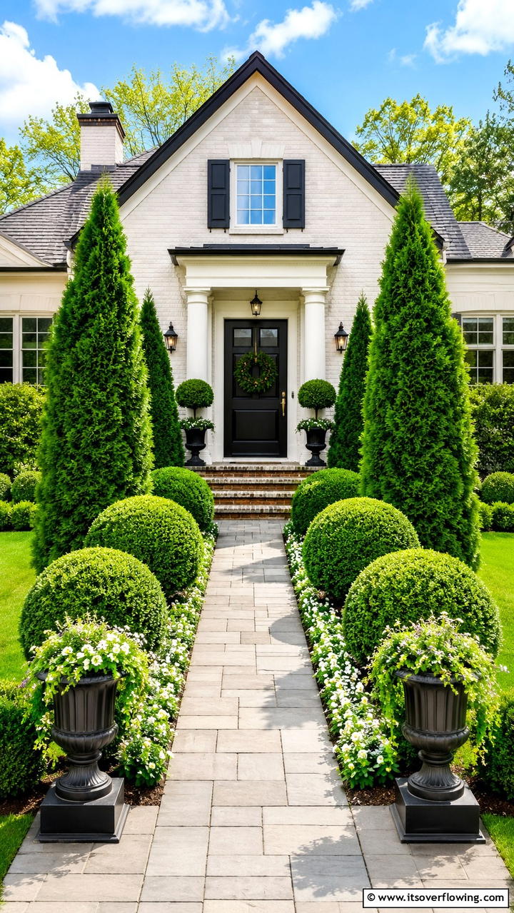 Symmetrical Evergreen Arrangement - 30 Front Yard Evergreen Landscaping Ideas for Year-Round Beauty