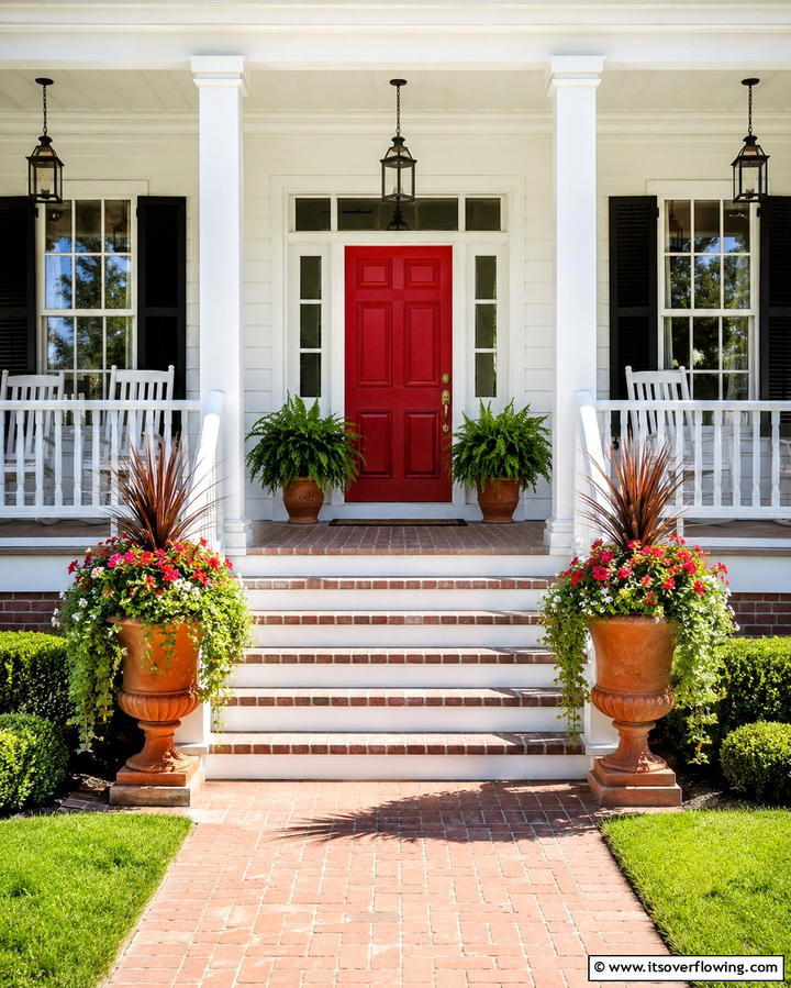 Symmetrical Planter Arrangements - 25 Colonial Front Porch Ideas for Timeless Charm