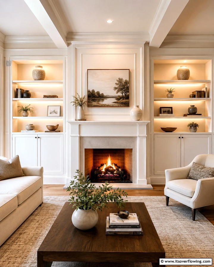 Symmetrical Shelving Beside the Fireplace - 25 Fireplace Between Windows Ideas for Cozy Homes