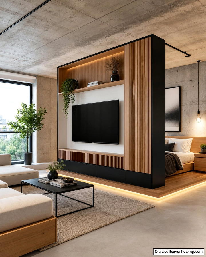 TV Integrated into a Room Divider - 25 Bedroom TV Ideas for Stylish Entertainment
