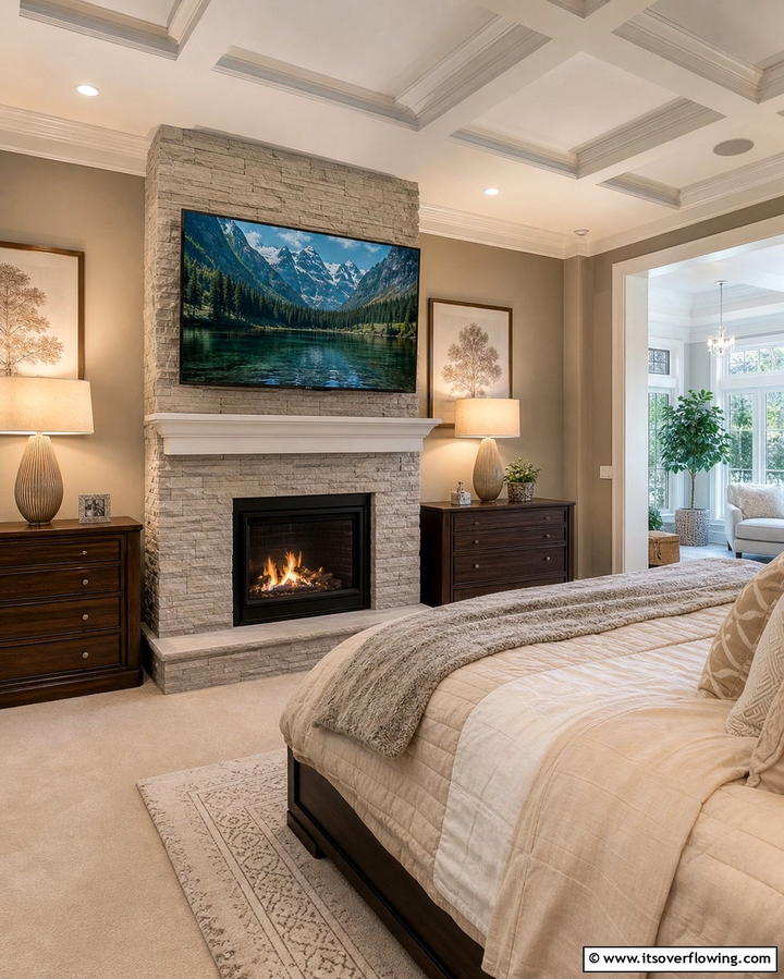 TV Positioned Above a Fireplace - 25 Bedroom TV Ideas for Stylish Entertainment