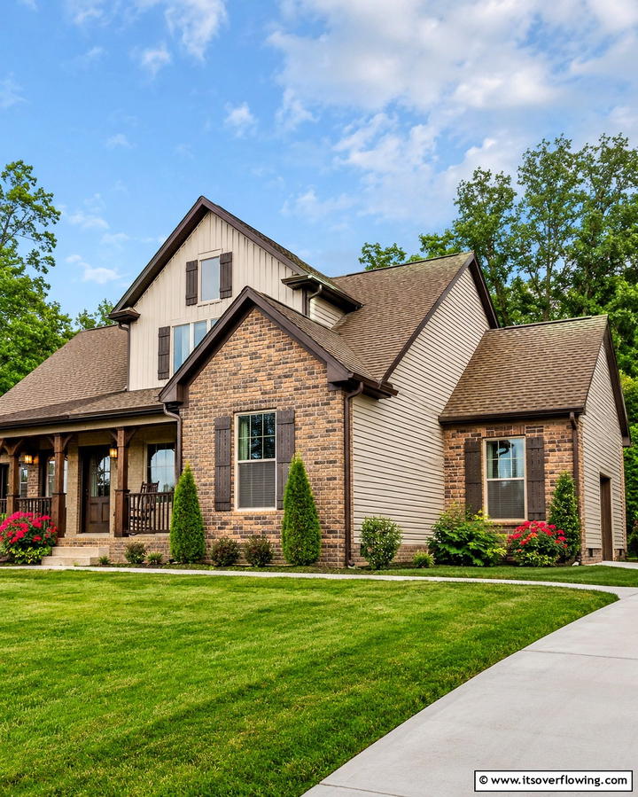 Tan Brick with Olive Green Vinyl Siding - 25 Vinyl Siding and Brick Combinations for Curb Appeal