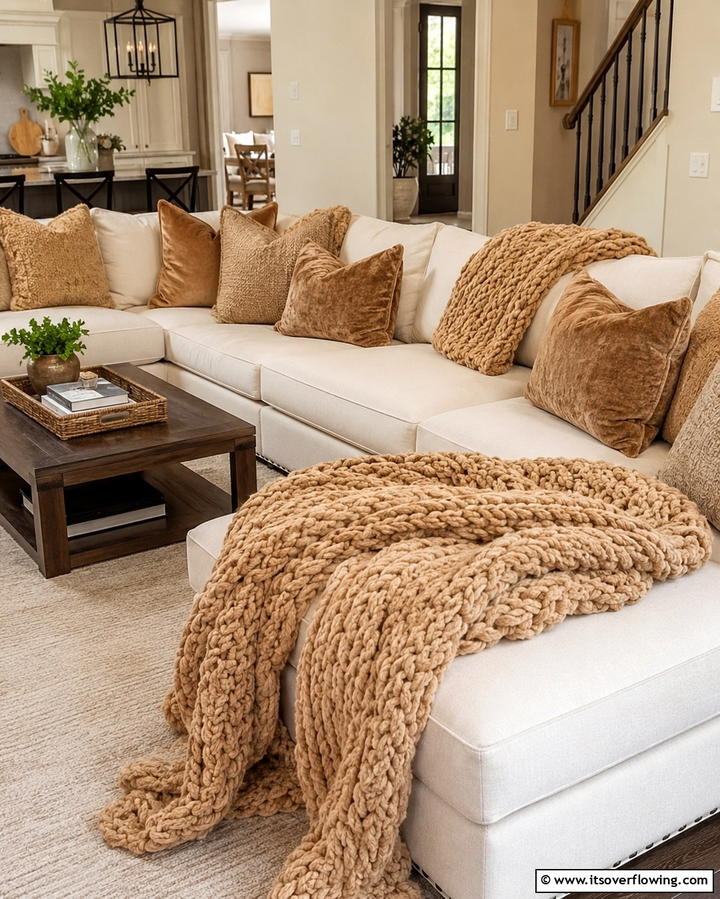 Tan Throws and Cushions for Comfort - 25 Tan Living Room Ideas for a Serene Ambiance