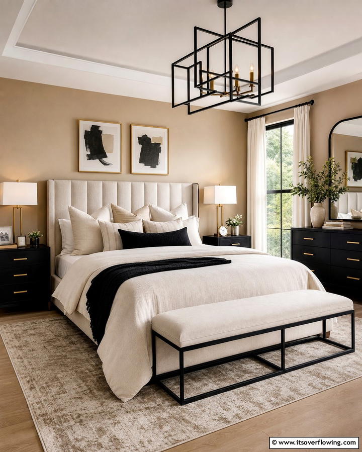 Tan and Black Modern Contrast - 25 Tan Bedroom Ideas for a Warm and Cozy Space