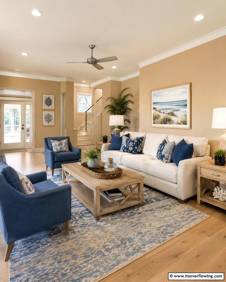 Tan and Blue A Calming Contrast - 25 Tan Living Room Ideas for a Serene Ambiance