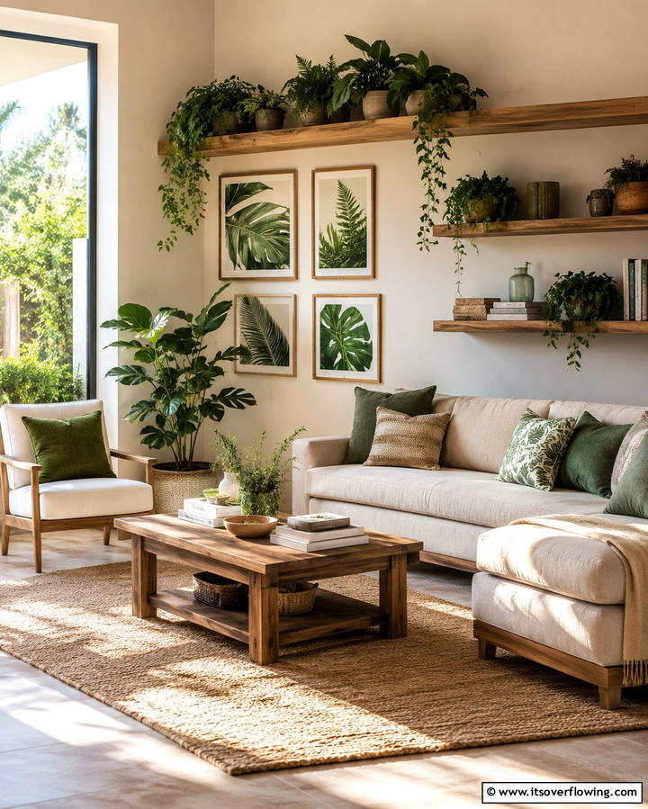 Tan and Green Botanical Theme - 25 Tan Living Room Ideas for a Serene Ambiance