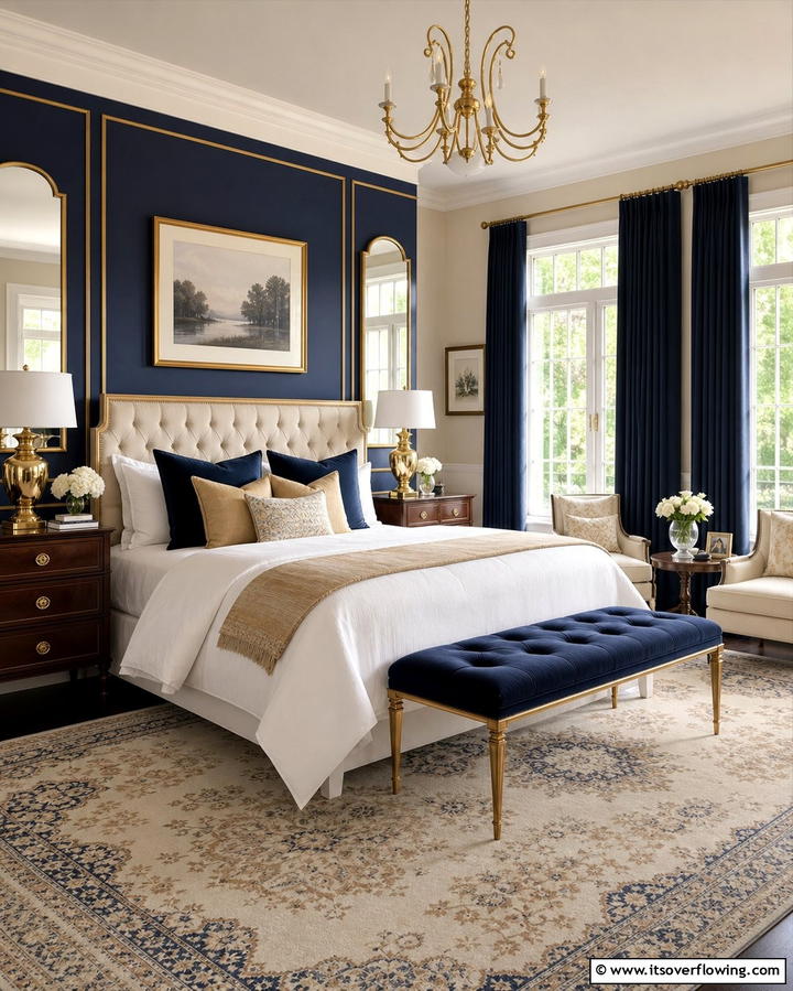 Tan and Navy Elegance - 25 Tan Bedroom Ideas for a Warm and Cozy Space