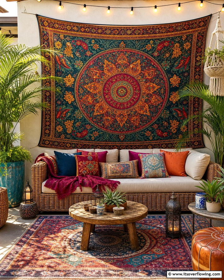 Tapestries as Wall Decor - 25 Cozy Boho Patio Ideas for Relaxing Outdoor Spaces