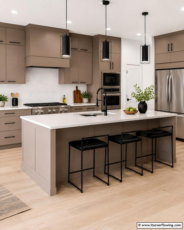 Taupe Cabinets with Black Accents - 30 Stunning Taupe Kitchen Cabinet Designs for Modern Homes