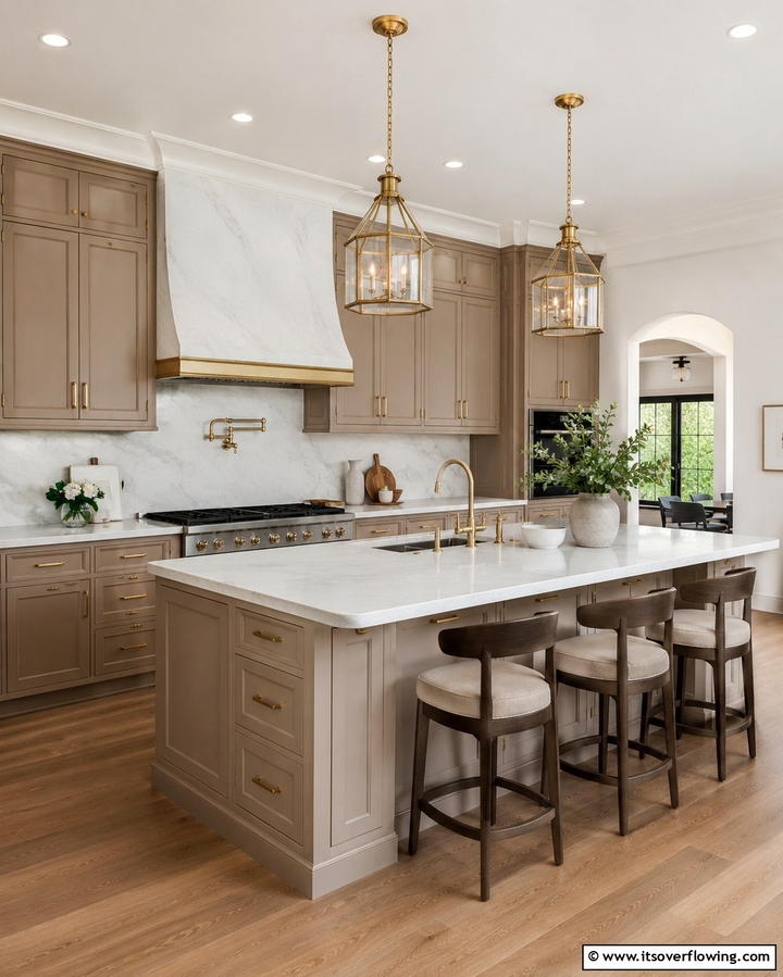 Taupe Cabinets with Brass HardwareOne - 30 Stunning Taupe Kitchen Cabinet Designs for Modern Homes