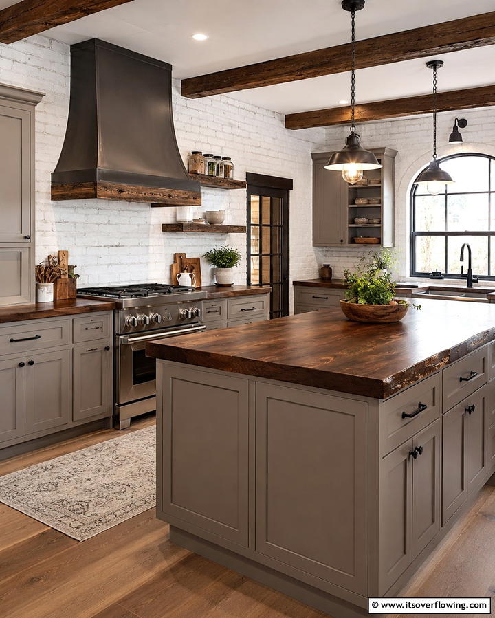 Taupe Cabinets with Dark Wood Countertops - 30 Stunning Taupe Kitchen Cabinet Designs for Modern Homes