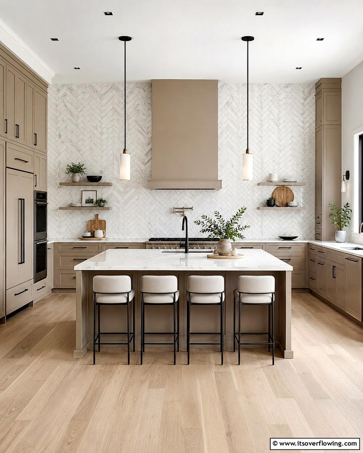Taupe Cabinets with Floating Shelves - 30 Stunning Taupe Kitchen Cabinet Designs for Modern Homes