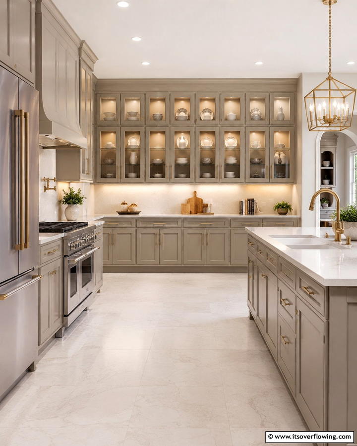 Taupe Cabinets with Glass FrontsOne - 30 Stunning Taupe Kitchen Cabinet Designs for Modern Homes