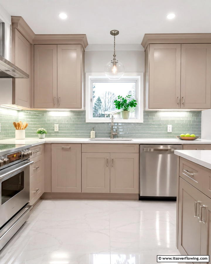 Taupe Cabinets with Glass Tile Backsplash - 30 Stunning Taupe Kitchen Cabinet Designs for Modern Homes