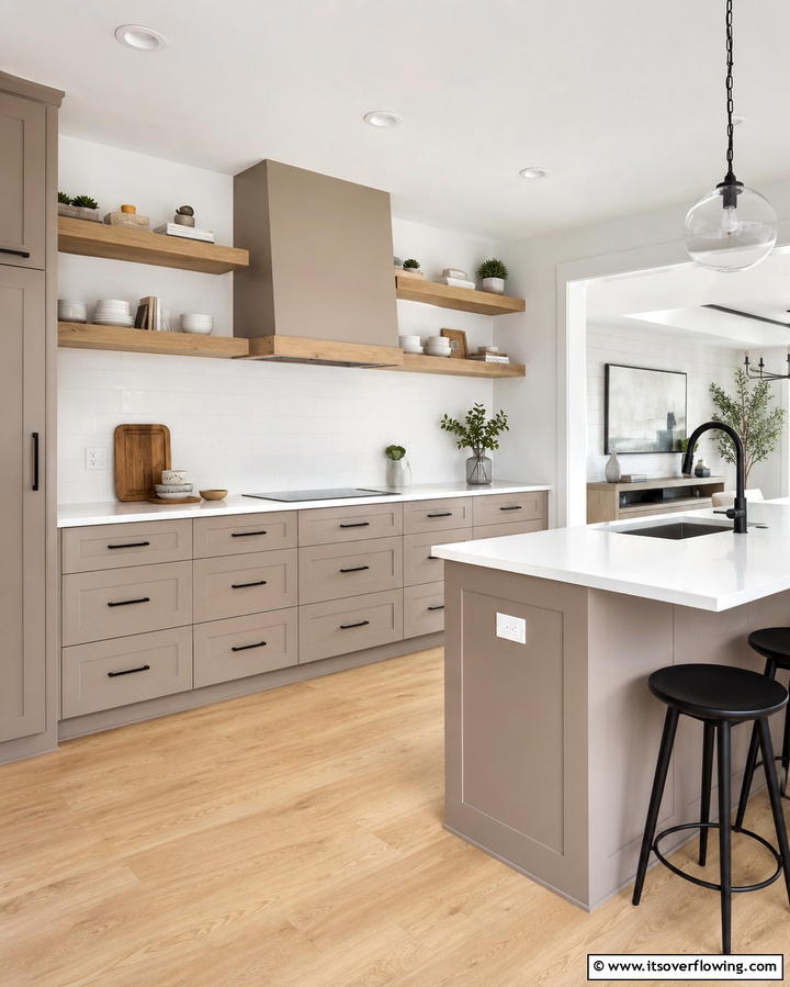 Taupe Cabinets with Open ShelvingOne - 30 Stunning Taupe Kitchen Cabinet Designs for Modern Homes