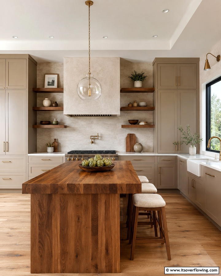 Taupe Cabinets with Wood Accents - 30 Stunning Taupe Kitchen Cabinet Designs for Modern Homes