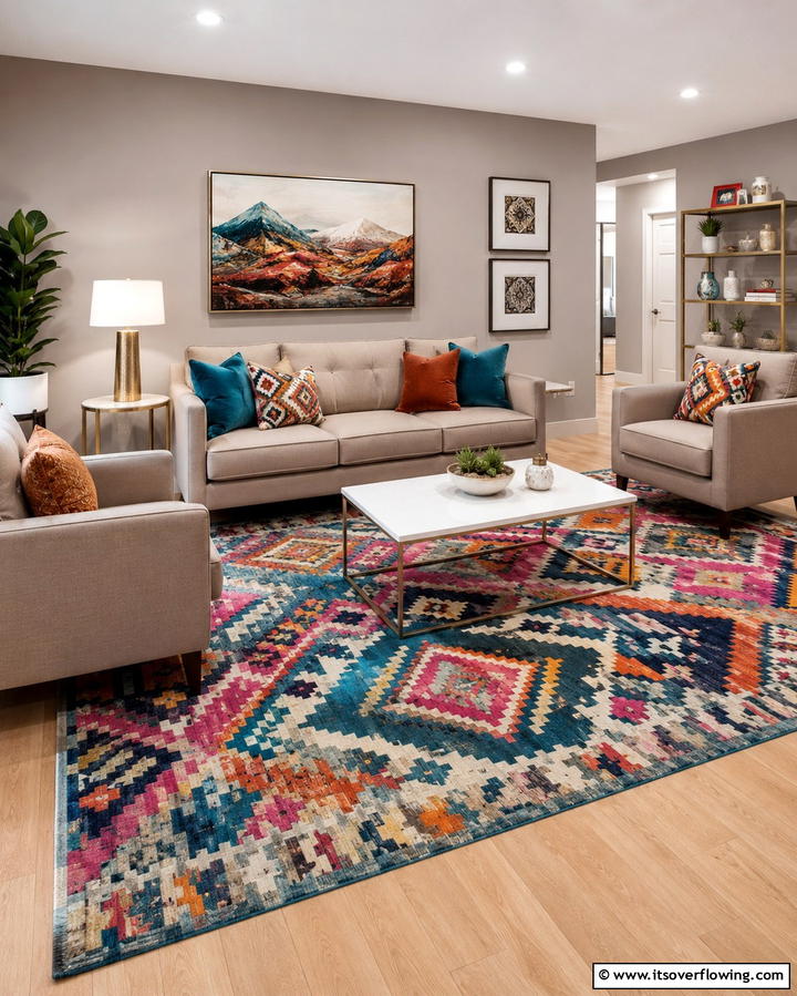 Taupe and Bold Rugs - 20 Taupe Living Room Ideas for a Neutral Aesthetic