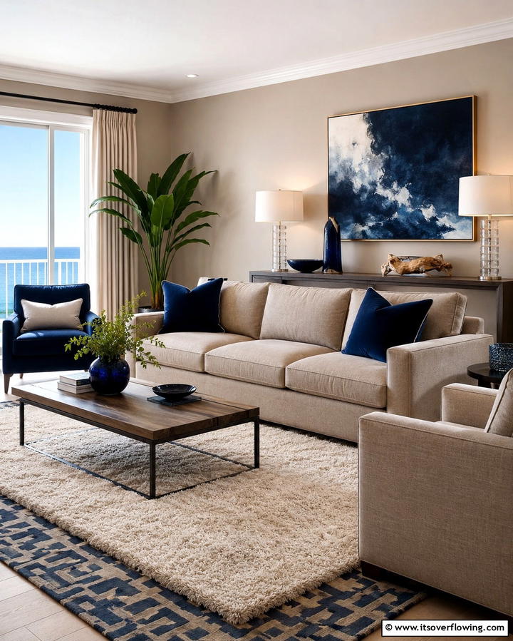 Taupe and Deep Blue Contrast - 20 Taupe Living Room Ideas for a Neutral Aesthetic