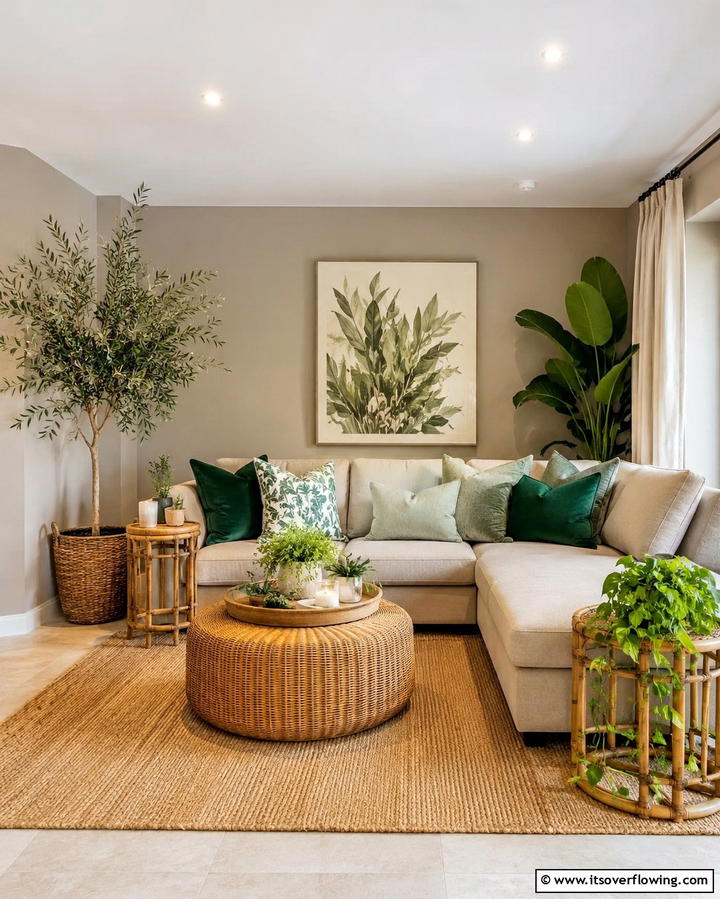 Taupe and Green Accents - 20 Taupe Living Room Ideas for a Neutral Aesthetic