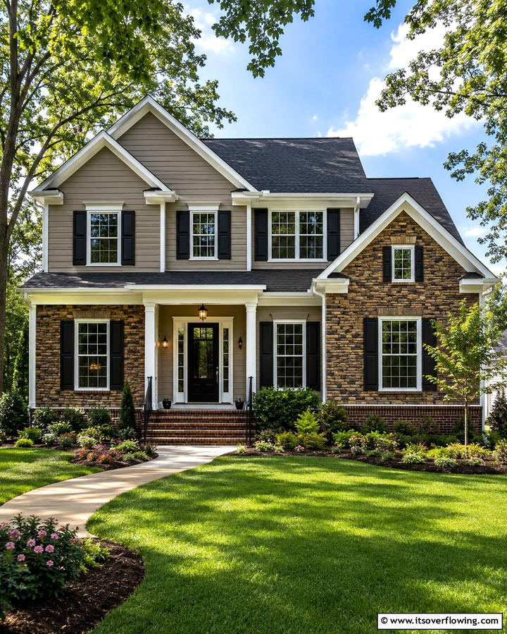 Taupe with Black Shutters - 25 Exterior Taupe House Color Combinations for Modern Homes