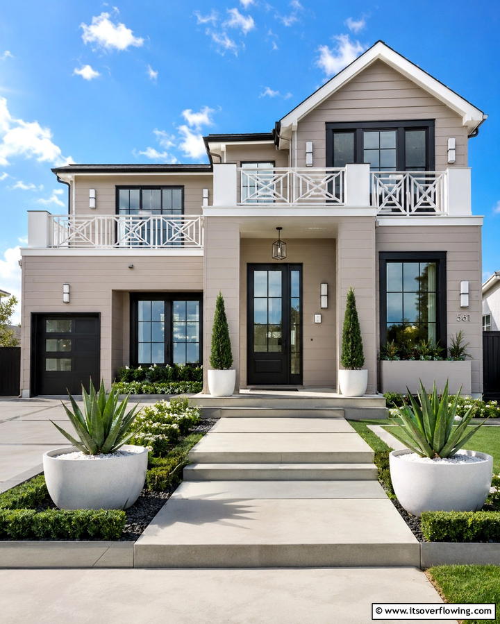 Taupe with Black and White Detailing - 25 Exterior Taupe House Color Combinations for Modern Homes