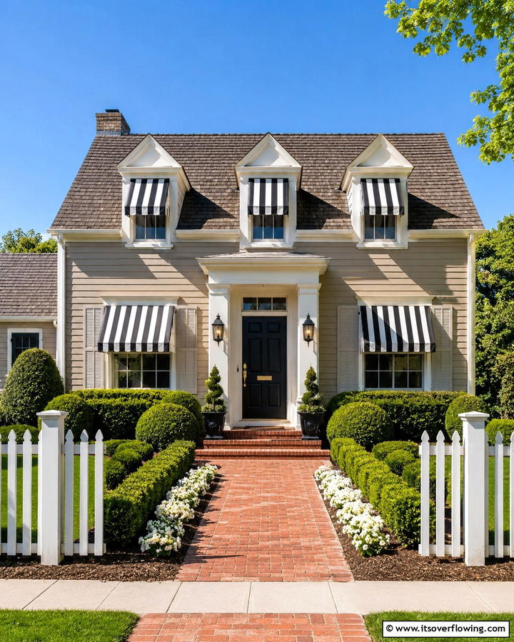 Taupe with Black and White Striped Awnings - 25 Exterior Taupe House Color Combinations for Modern Homes