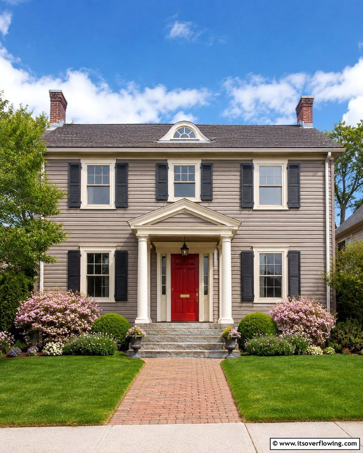 Taupe with Brick Red Door - 25 Exterior Taupe House Color Combinations for Modern Homes